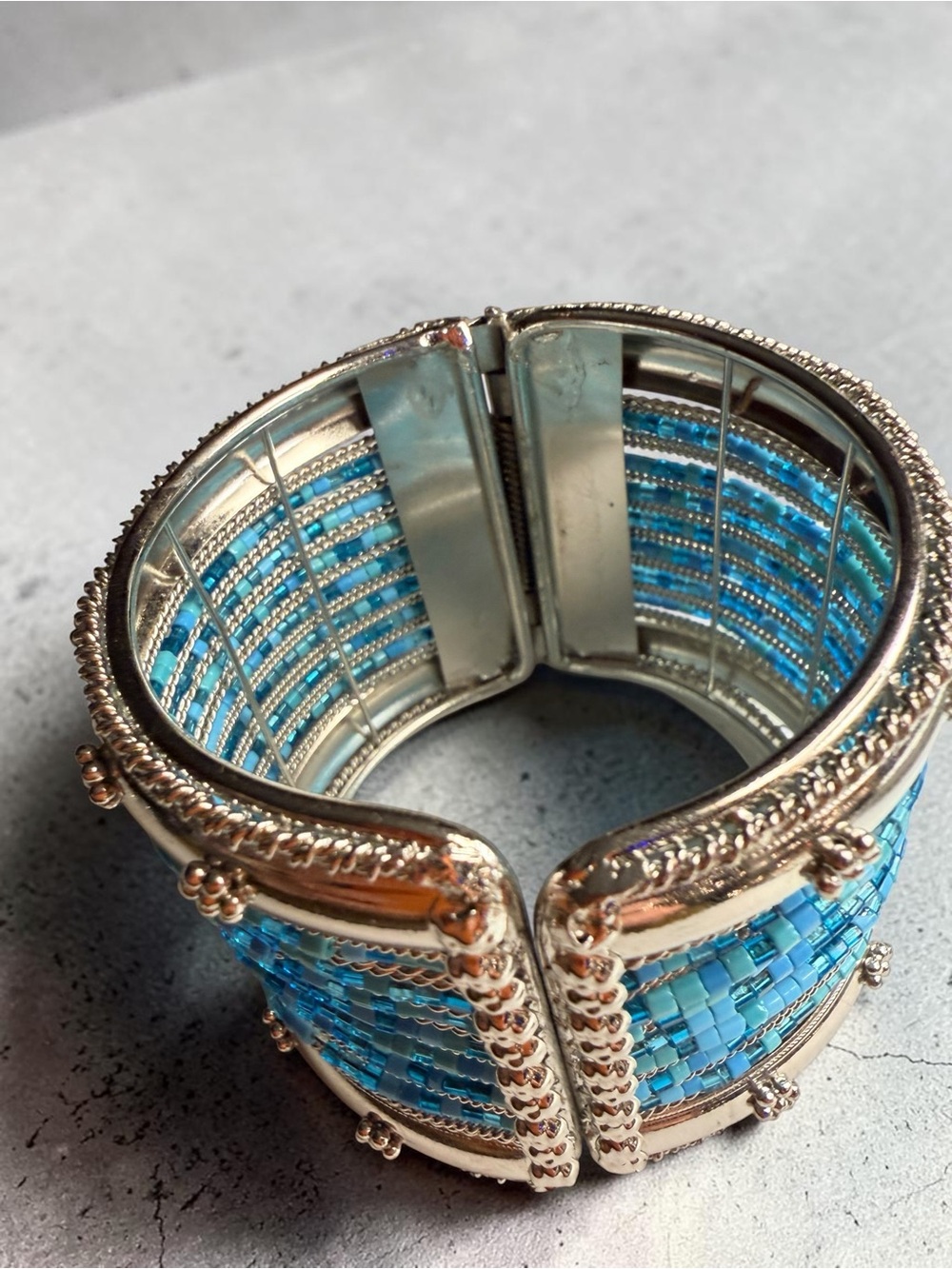 Silver-Tone Cuff Bracelet with Blue Beaded Strands - Picture 4 of 4